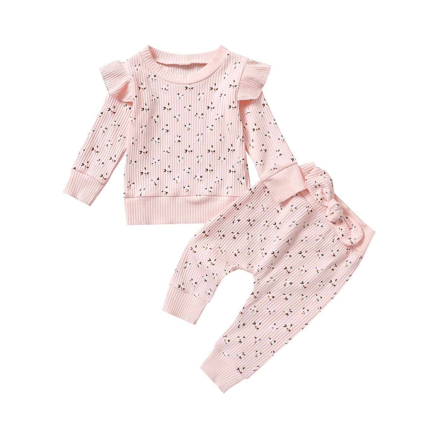 Floral Ruffled Long Sleeve Pullover and Bowknot Pants Set