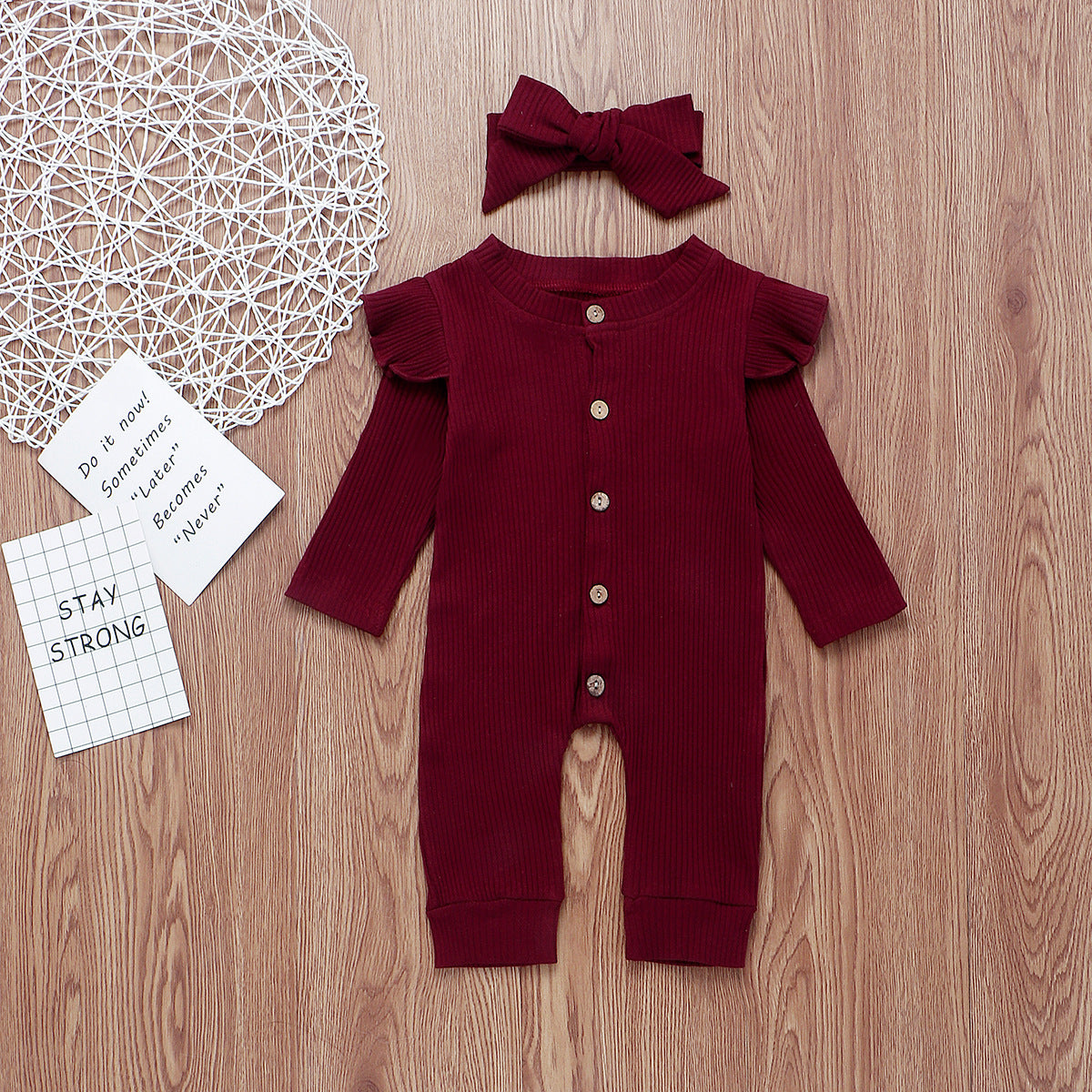 Long Sleeve Button Romper & Headband