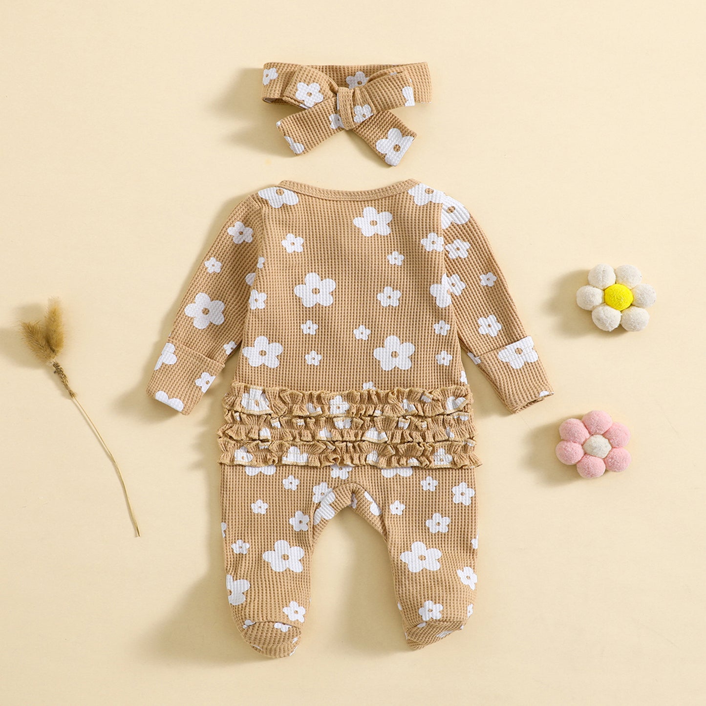 Waffle Print Crawling Suit with Headband