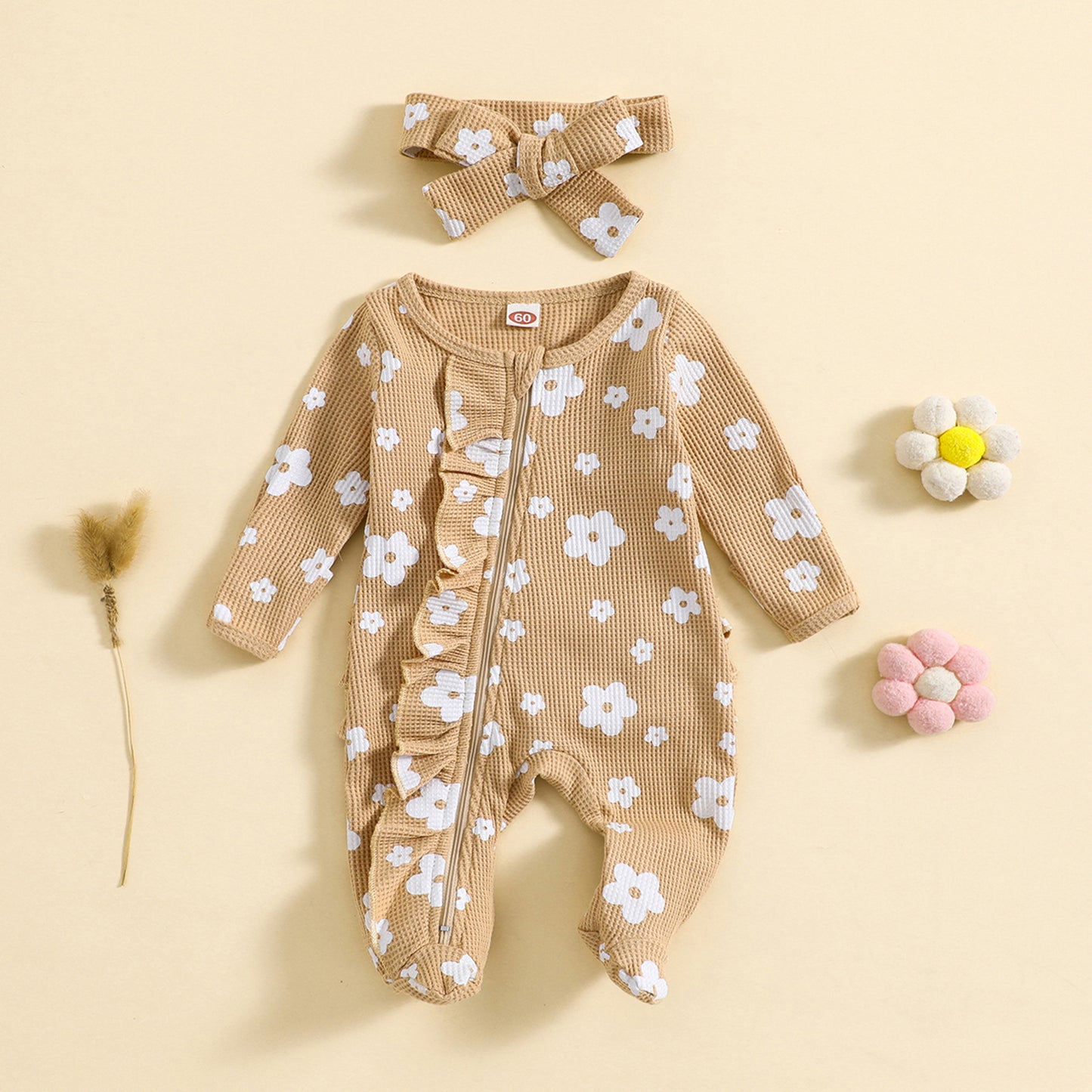 Waffle Print Crawling Suit with Headband