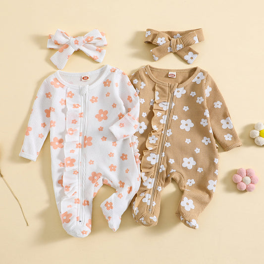 Waffle Print Crawling Suit with Headband