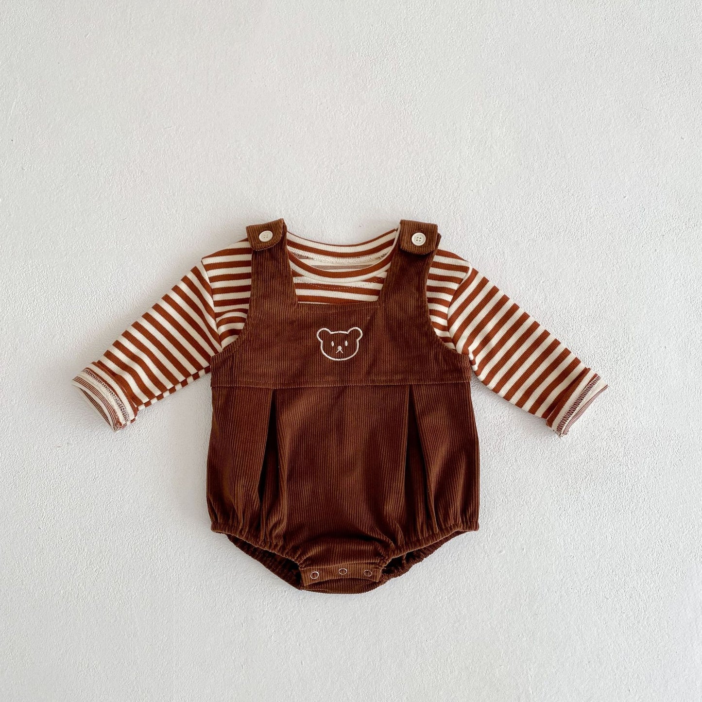 Striped T-shirt Bear Embroidery Romper Set