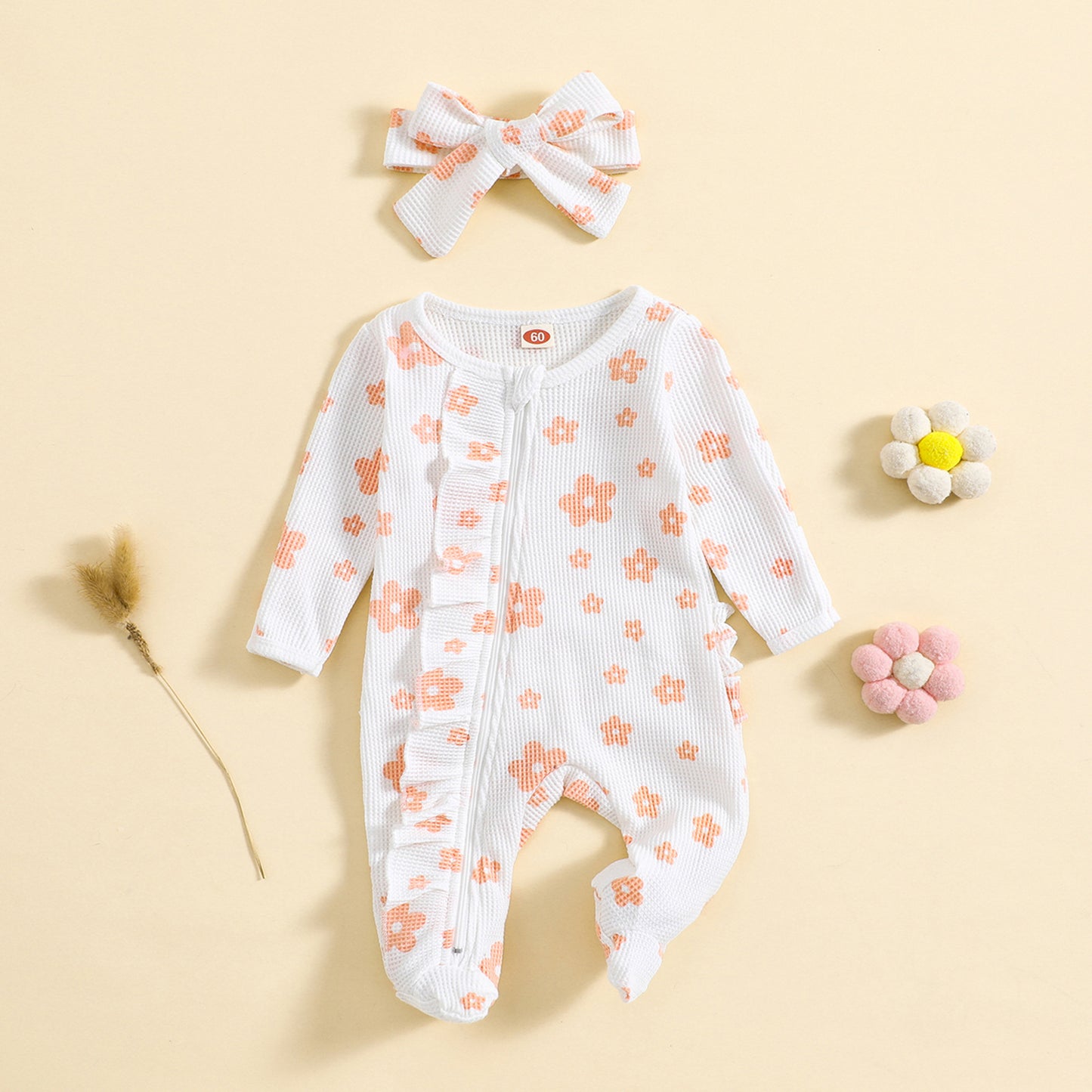 Waffle Print Crawling Suit with Headband