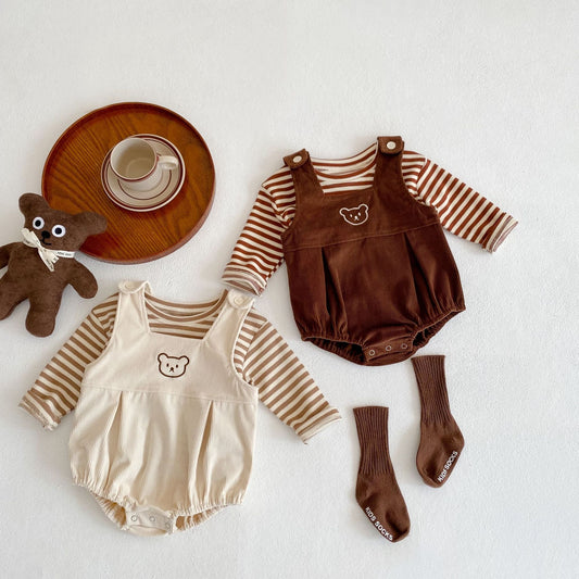 Striped T-shirt Bear Embroidery Romper Set