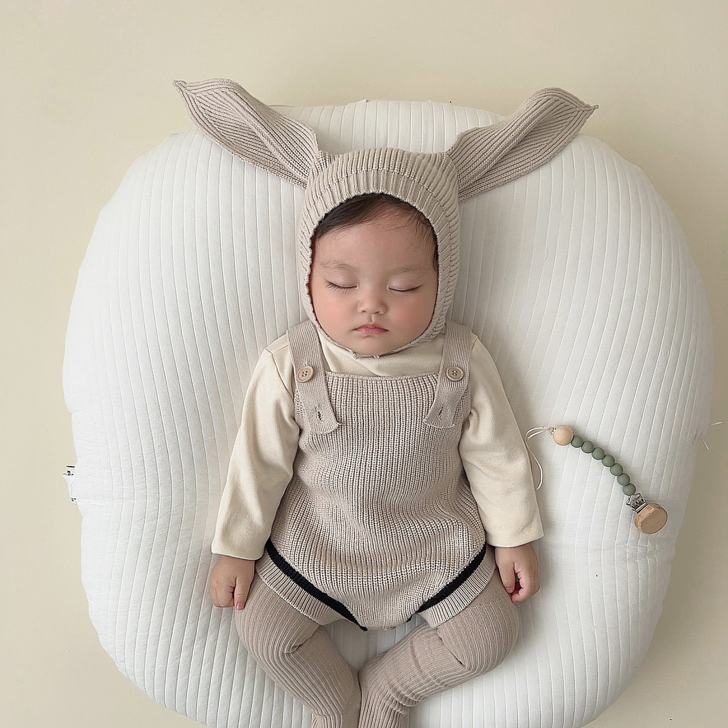 Knitted Suspender Romper with Rabbit Shaped Hat