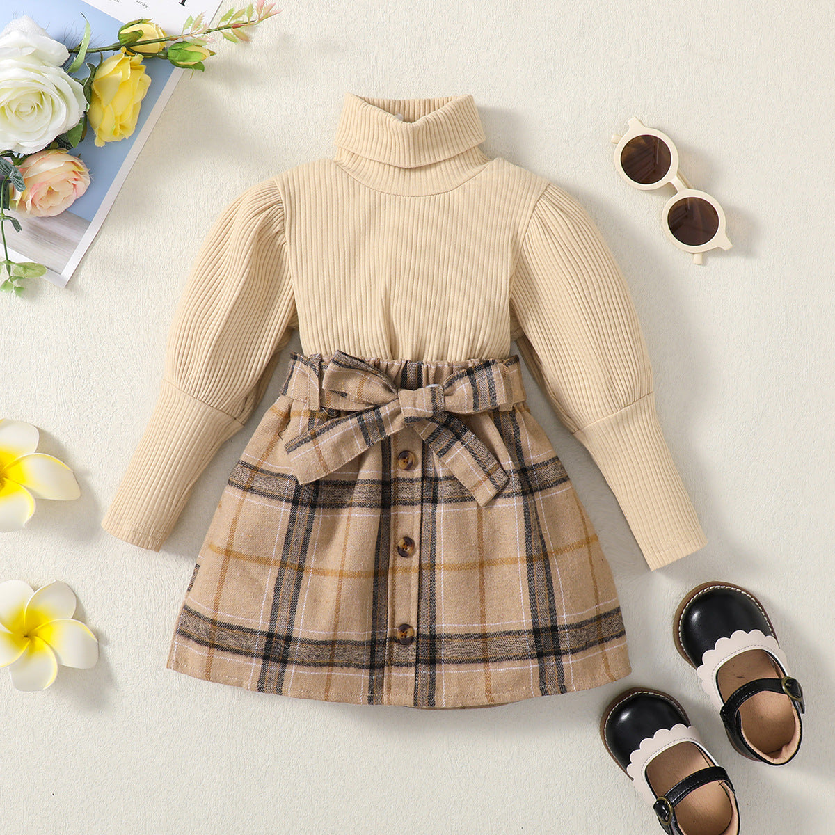 Two-Piece Long-sleeved Top & Plaid Skirt Set