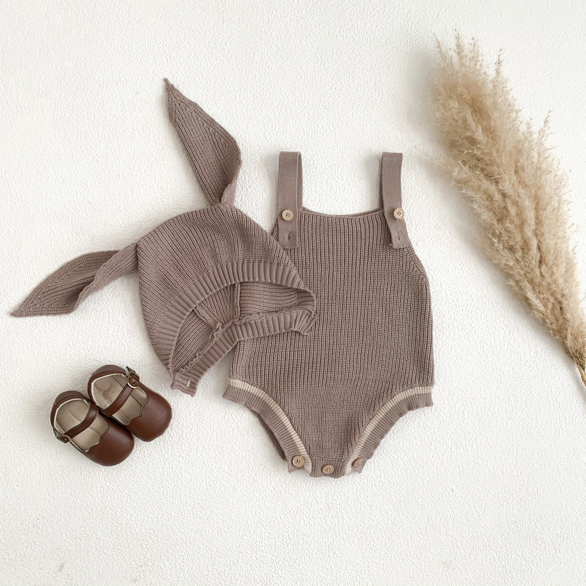 Knitted Suspender Romper with Rabbit Shaped Hat