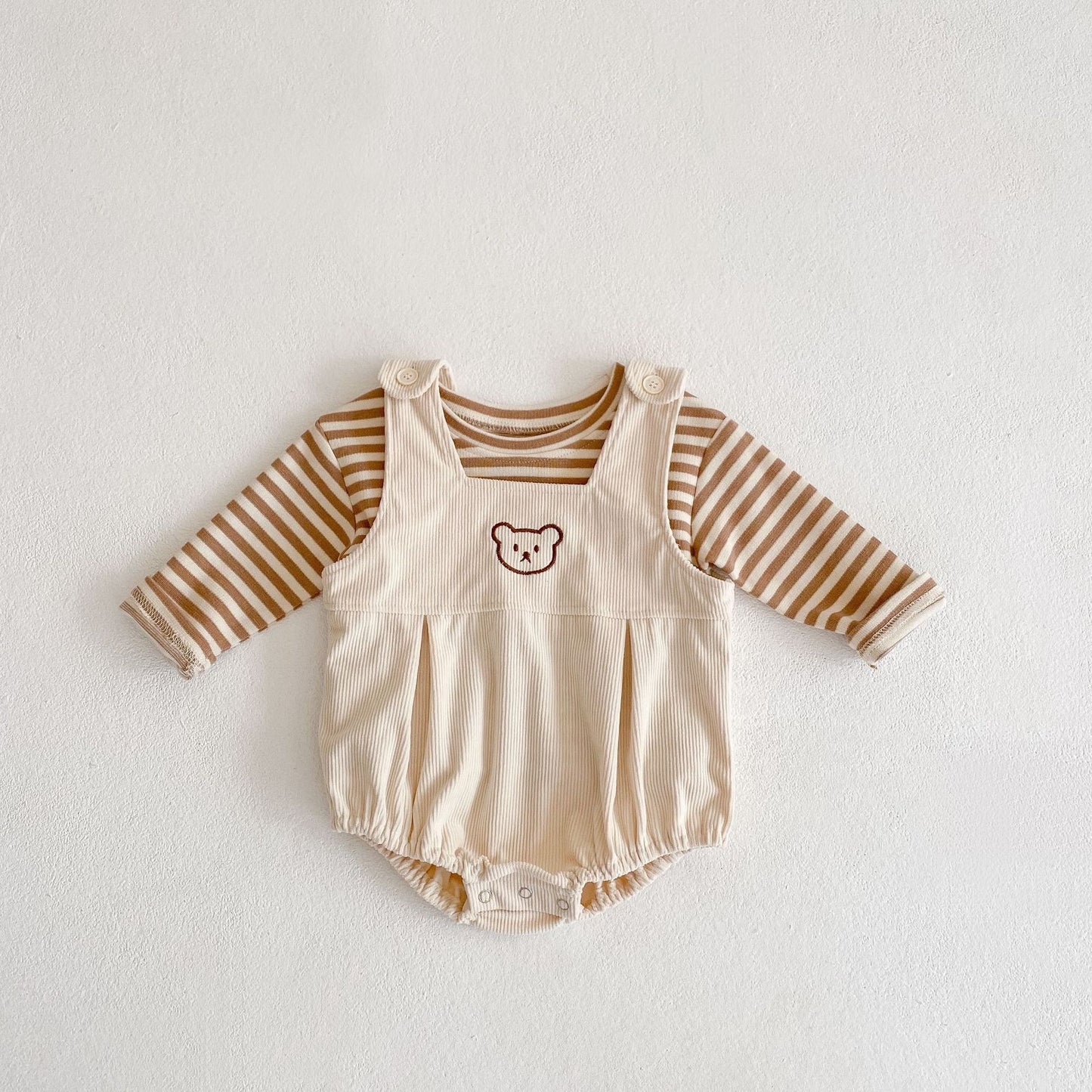 Striped T-shirt Bear Embroidery Romper Set