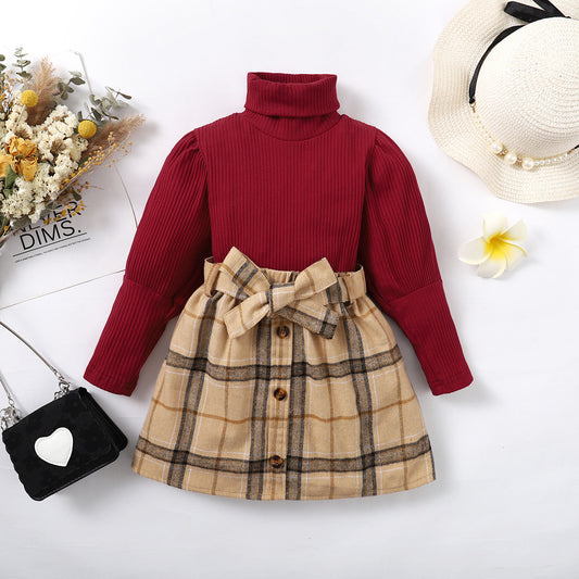 Two-Piece Long-sleeved Top & Plaid Skirt Set