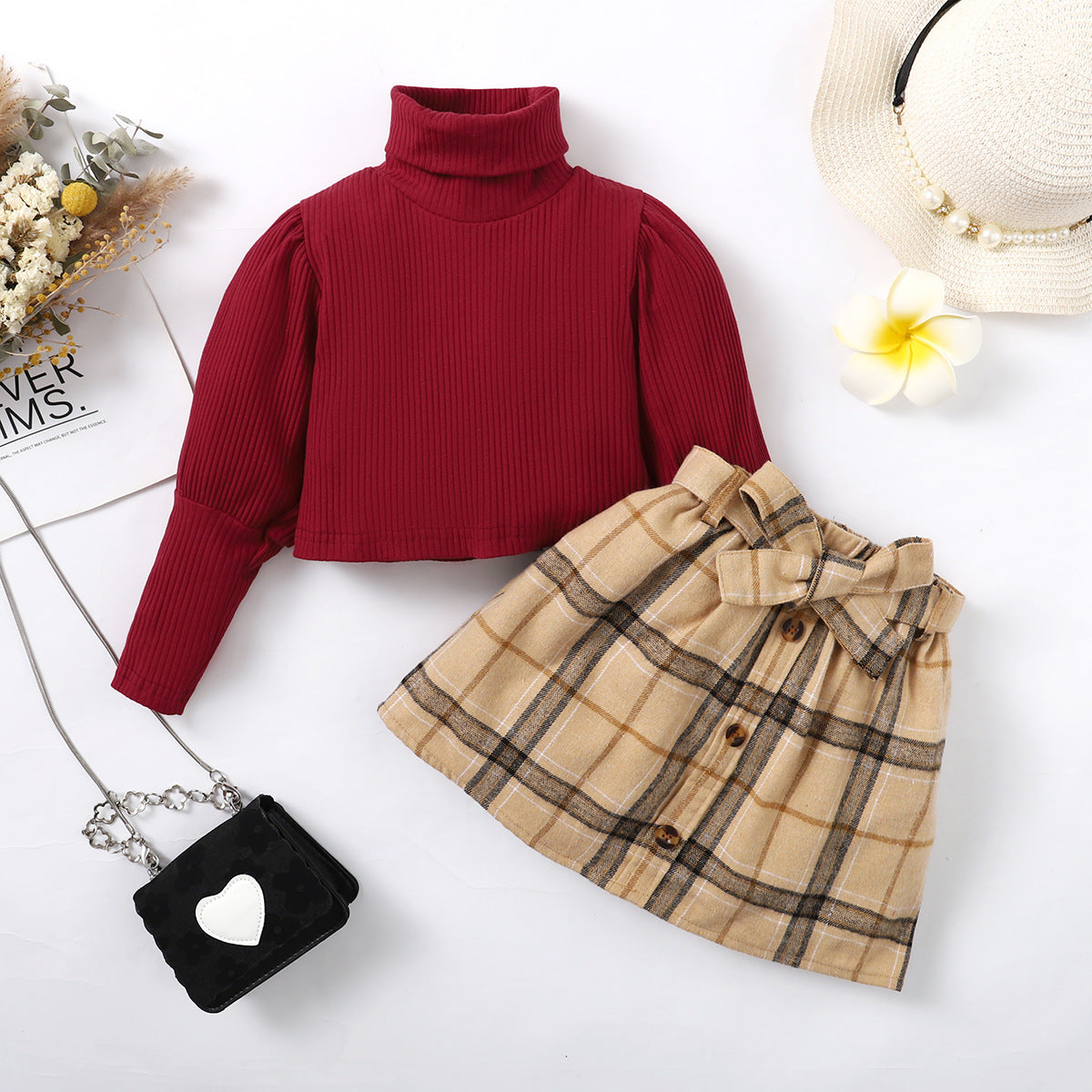 Two-Piece Long-sleeved Top & Plaid Skirt Set