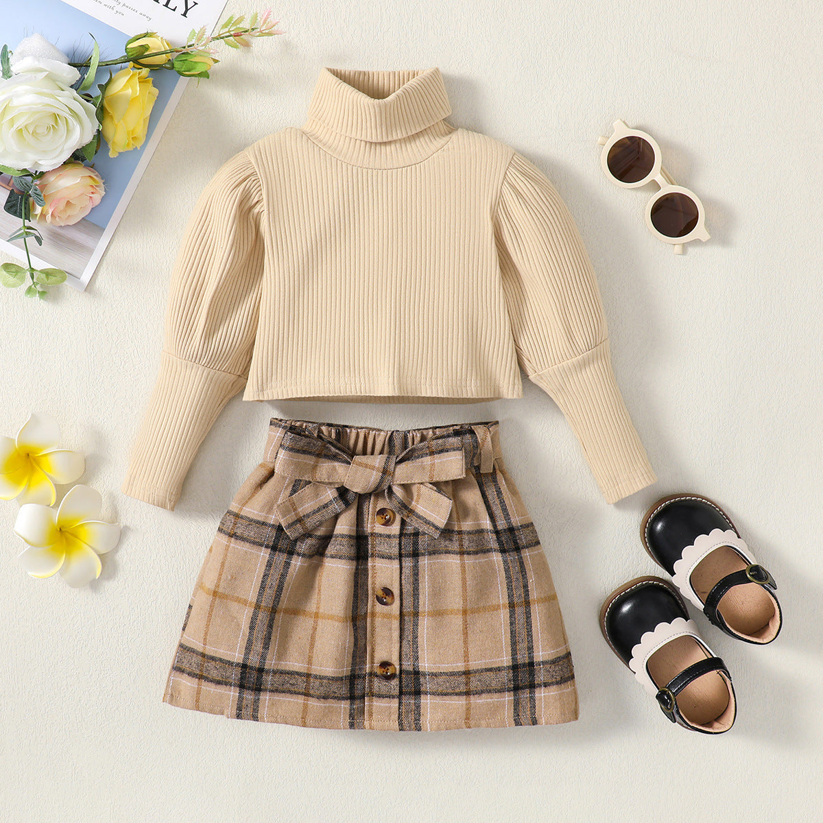 Two-Piece Long-sleeved Top & Plaid Skirt Set