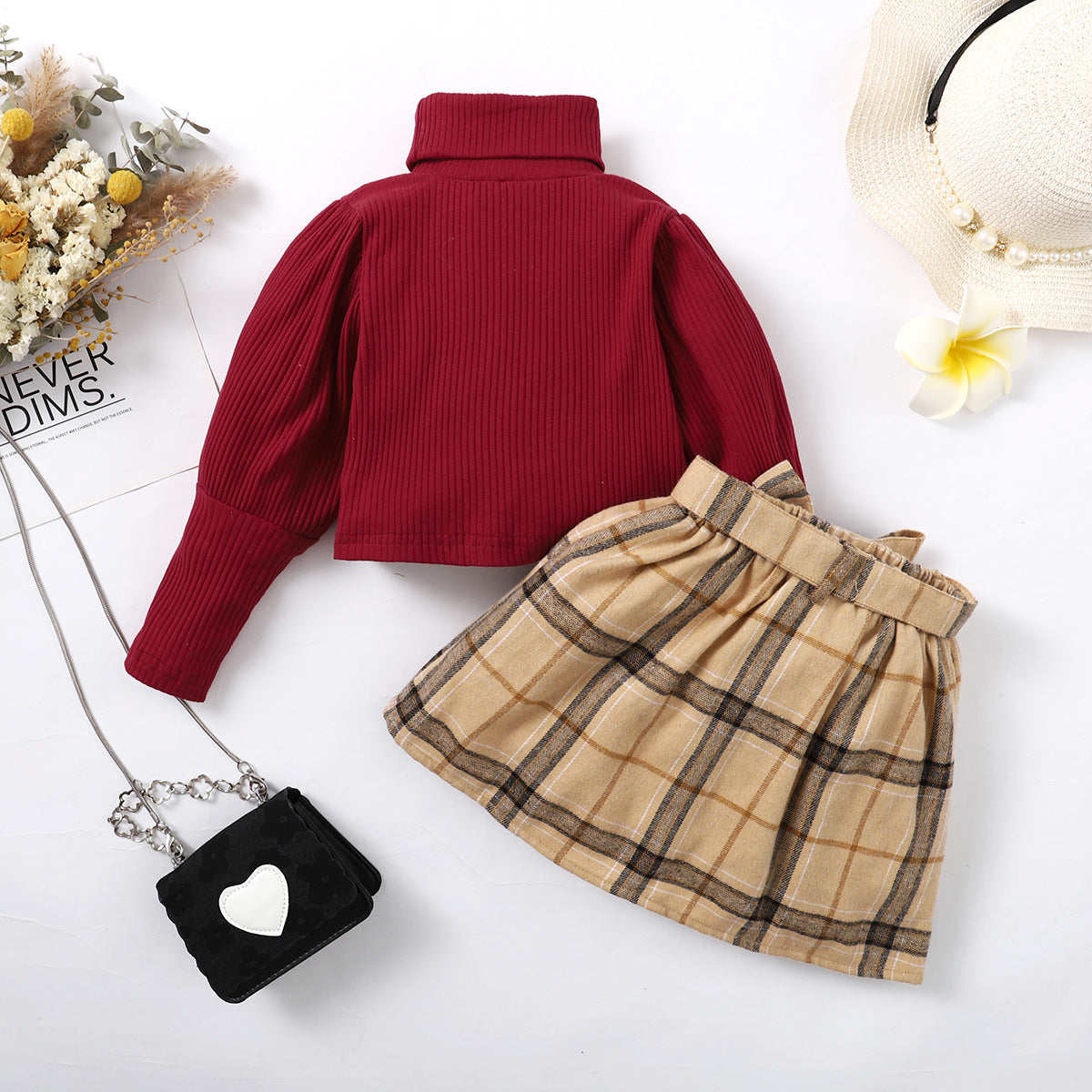 Two-Piece Long-sleeved Top & Plaid Skirt Set