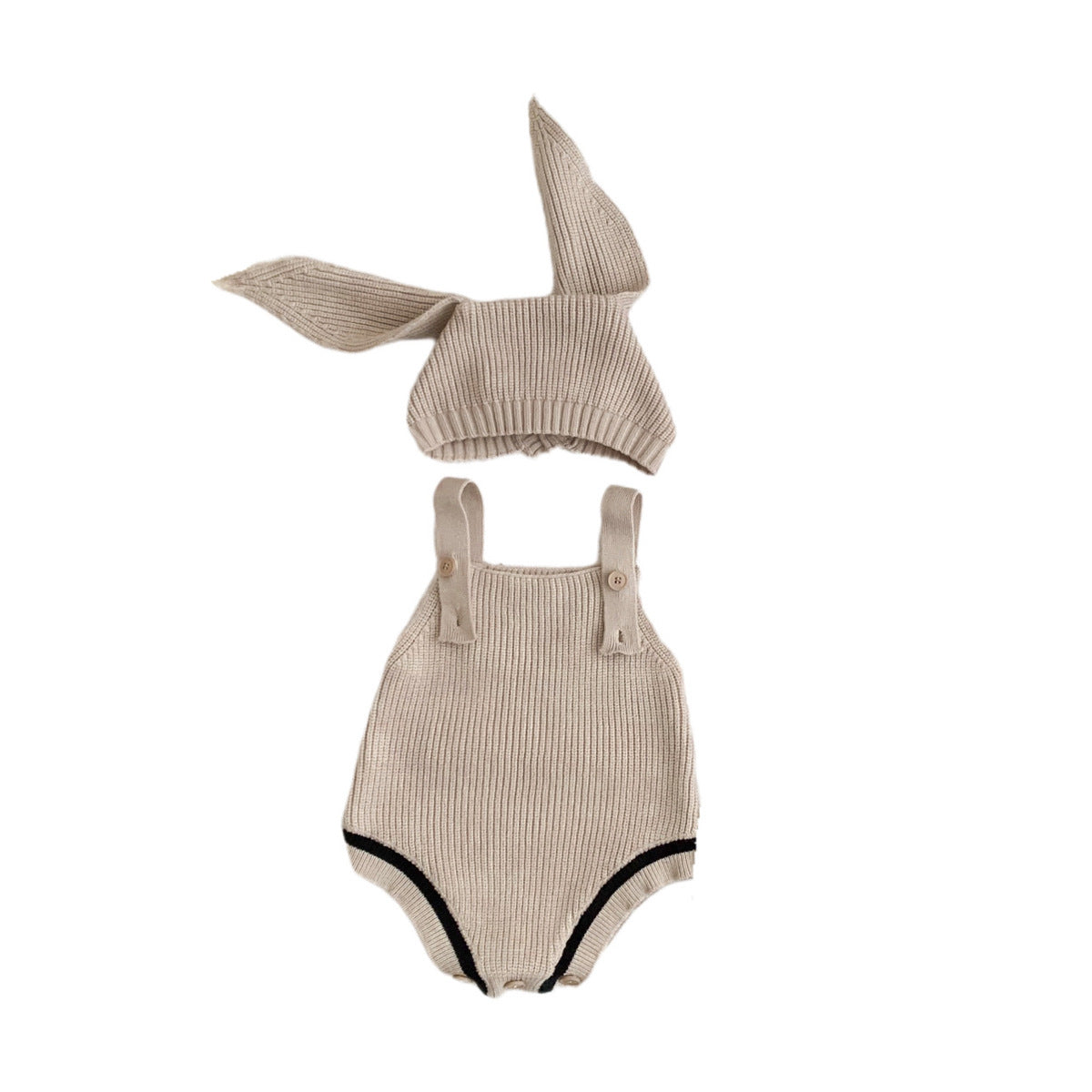 Knitted Suspender Romper with Rabbit Shaped Hat