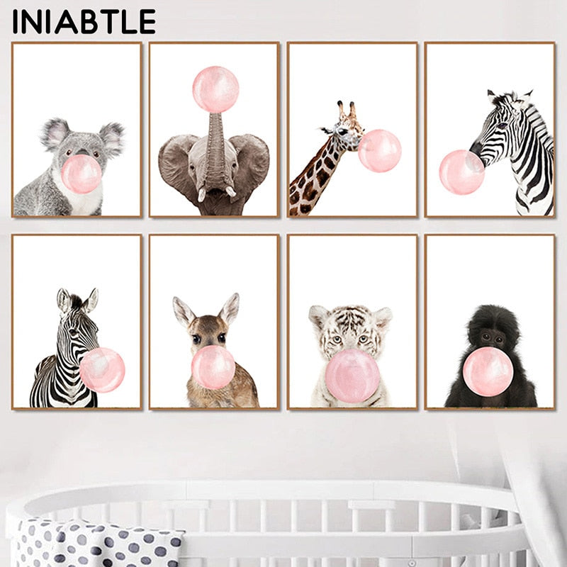 Pink Bubble Gum Baby Animal Canvas Poster