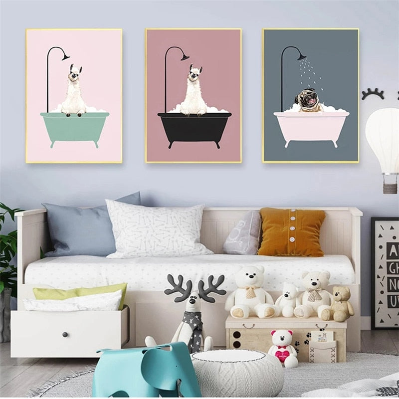 Nordic Nursery Cartoon Bath Animal Posters