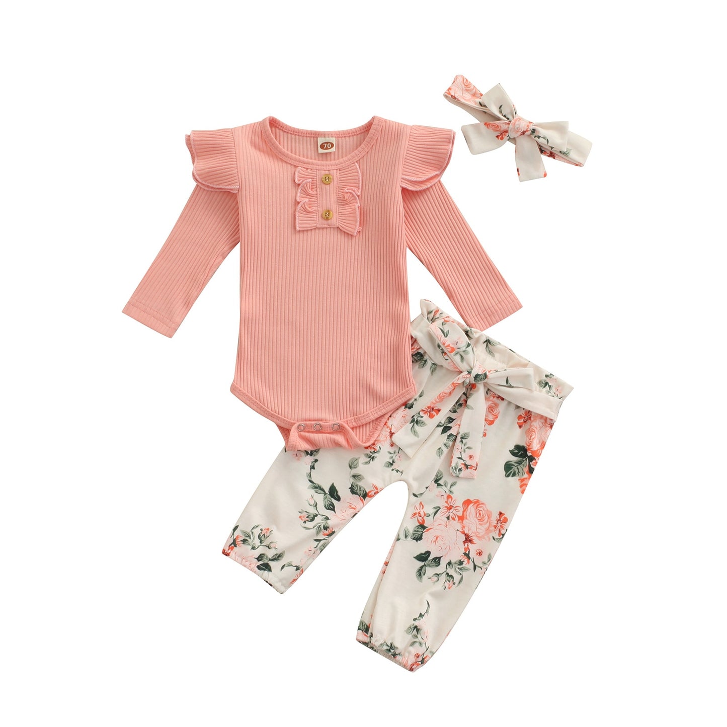 Ribbed Fly Sleeve Romper and Flower Print Bow Pants Set with Headband