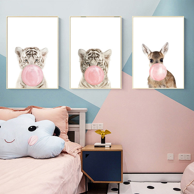 Pink Bubble Gum Baby Animal Canvas Poster