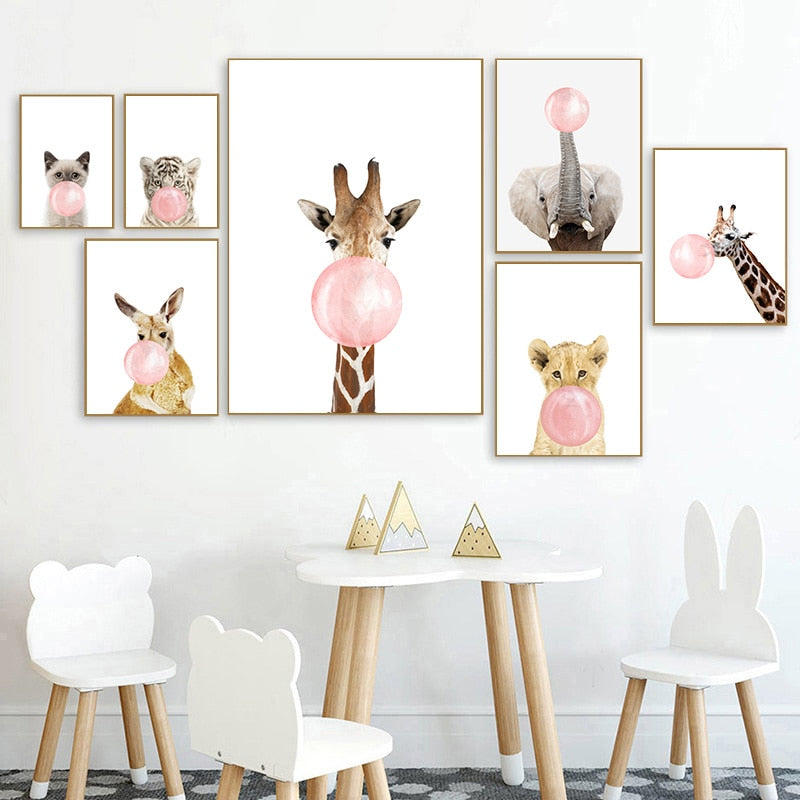 Pink Bubble Gum Baby Animal Canvas Poster