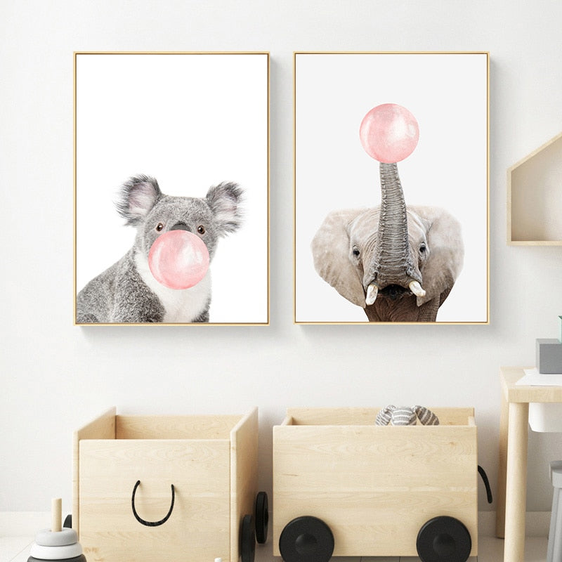 Pink Bubble Gum Baby Animal Canvas Poster