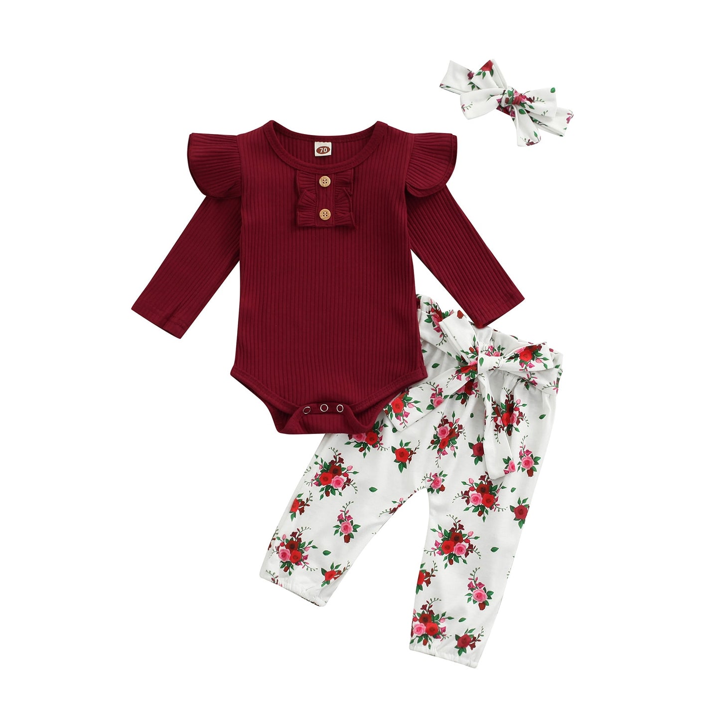 Ribbed Fly Sleeve Romper and Flower Print Bow Pants Set with Headband