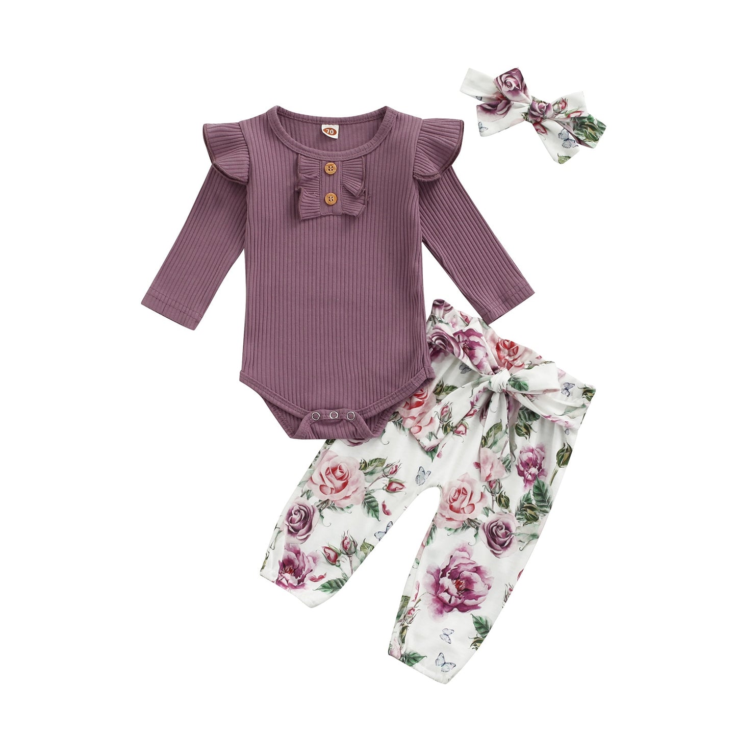 Ribbed Fly Sleeve Romper and Flower Print Bow Pants Set with Headband