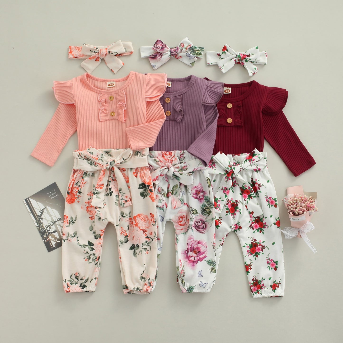 Ribbed Fly Sleeve Romper and Flower Print Bow Pants Set with Headband